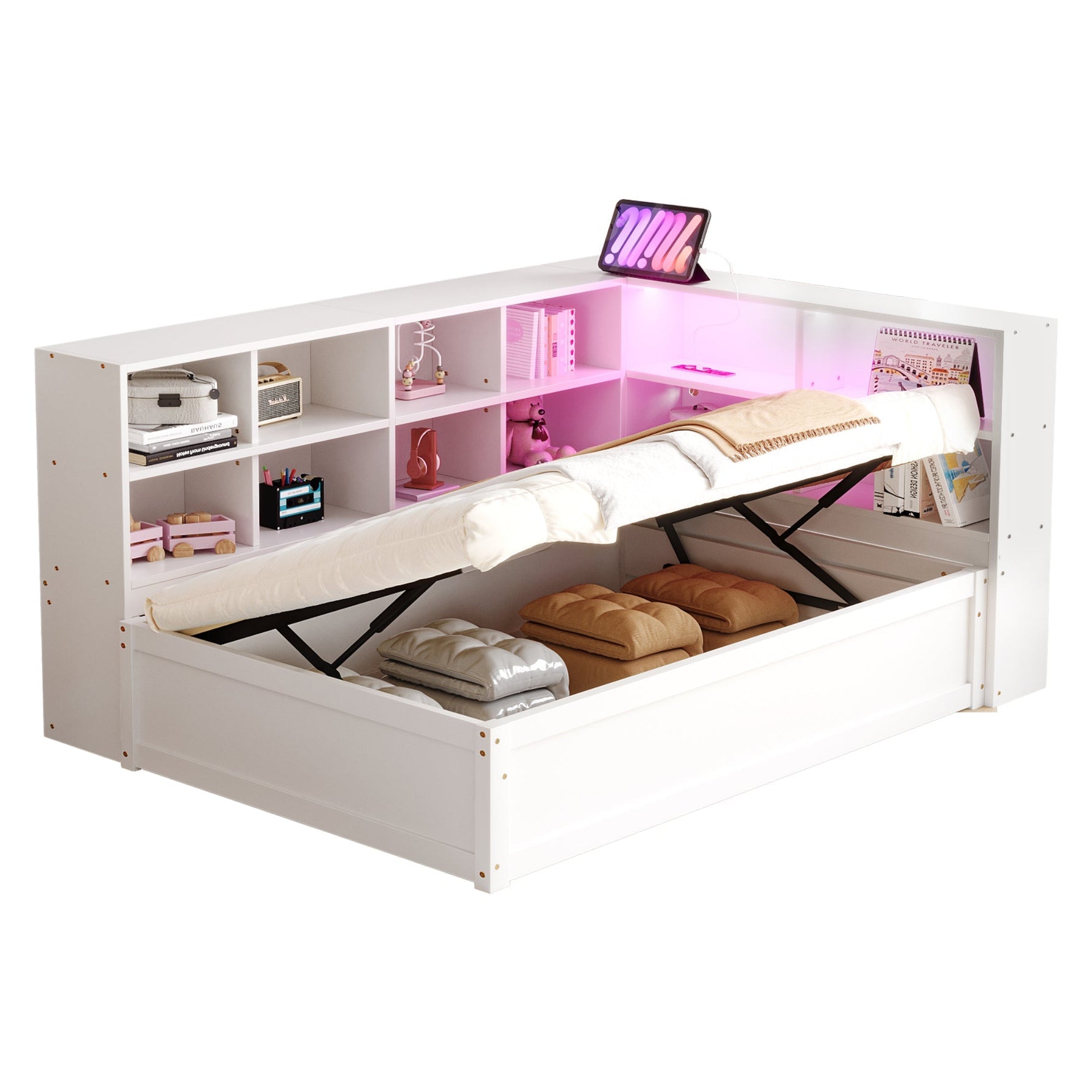 Sofa Bed, 90x200 Multifunctional with Sockets, Storage, Light Bar, Hydraulic, Solid Wood, White