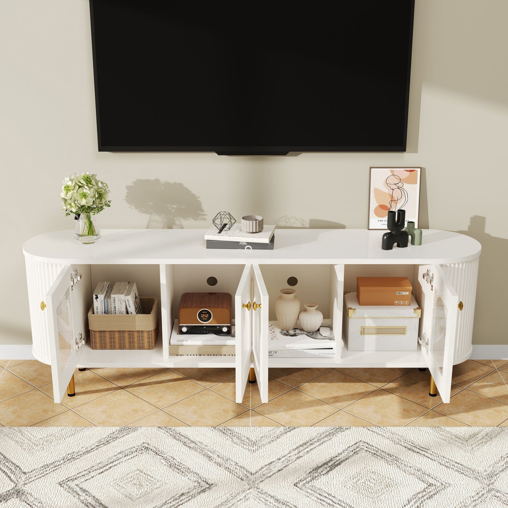 TV Cabinet Lowboard Glass Doors Storage Gold Handles/Legs