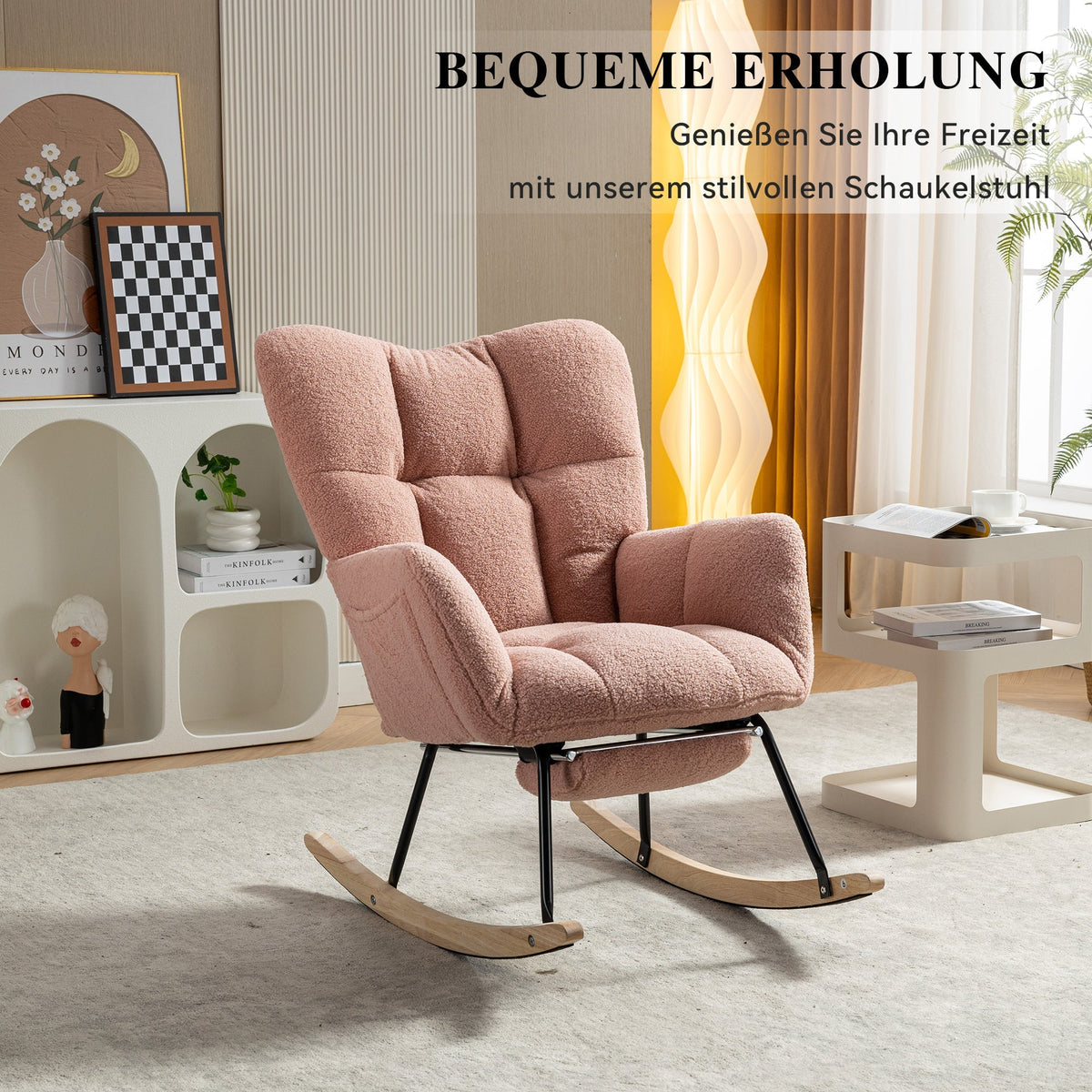 009B Rocking Chair Modern Padded Extendable Footrest Teddy Fabric Pink