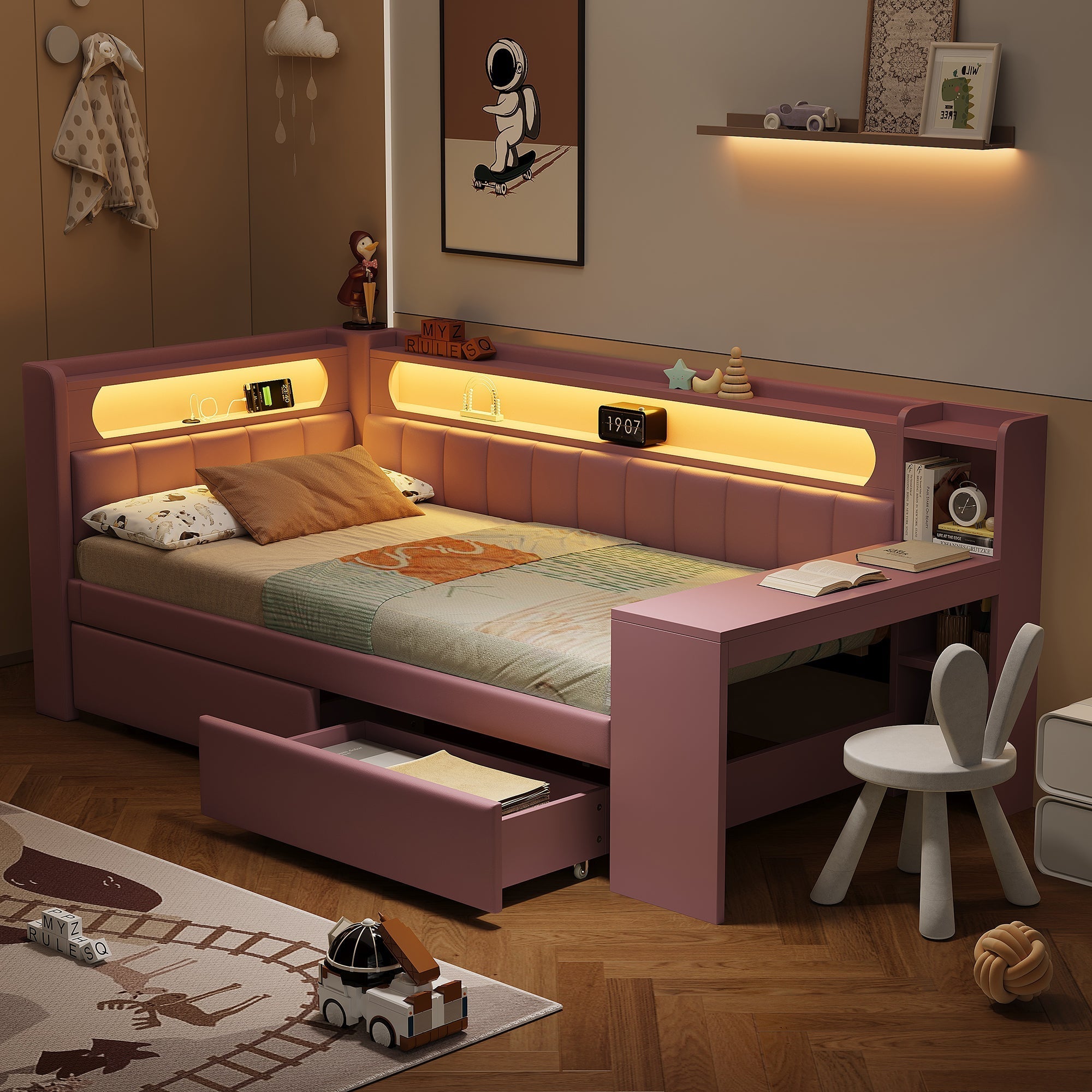 Upholstered Daybed 90x200cm USB LED Desk 2 Drawers - Pink