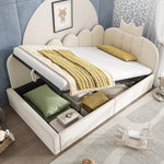 L-Shaped Upholstered Daybed with Hydraulic Storage and Crown-Lattice Design, 90x190cm, Beige Velvet