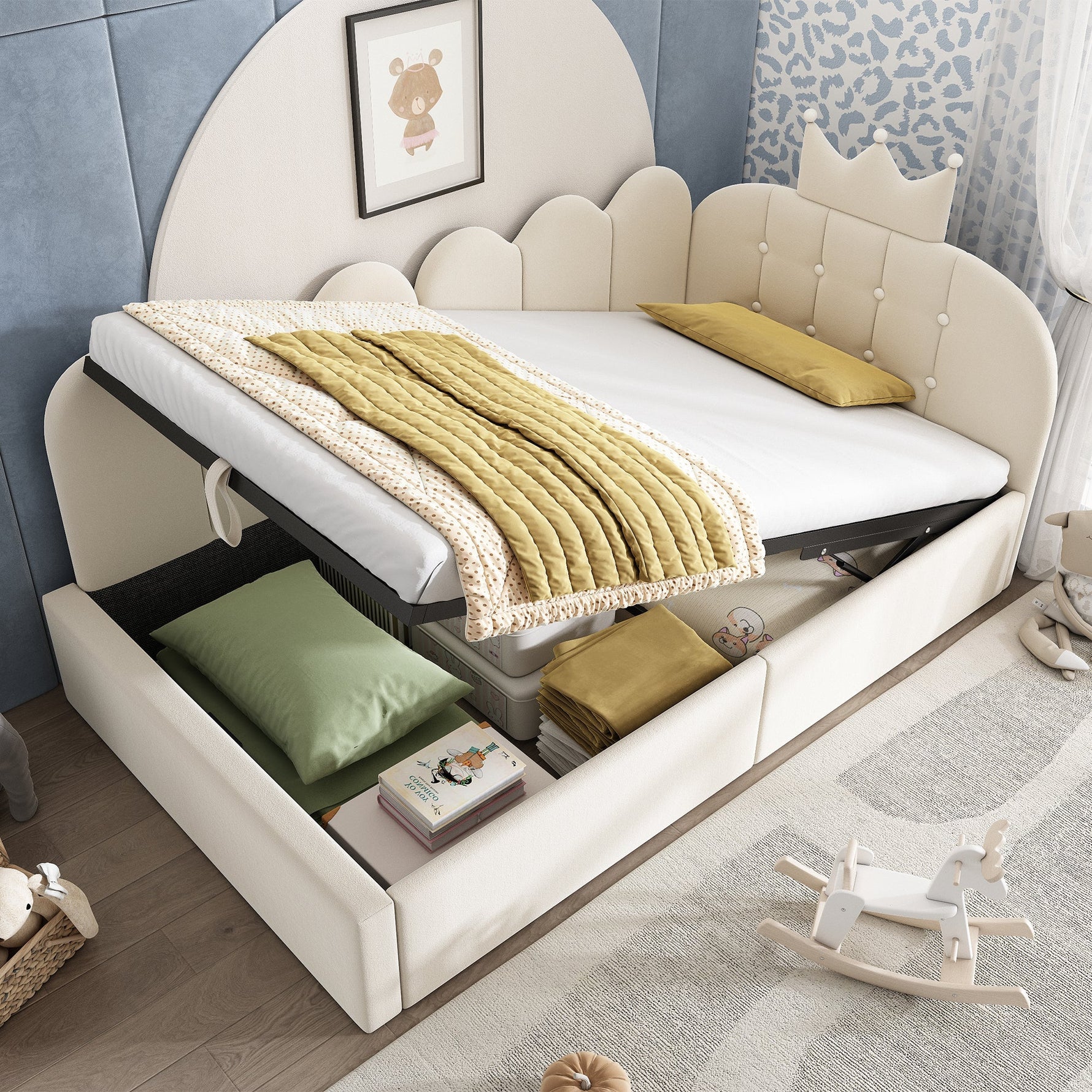 Upholstered Daybed with Hydraulic Storage and Crown-Lattice Design, 90x200cm, Beige Velvet