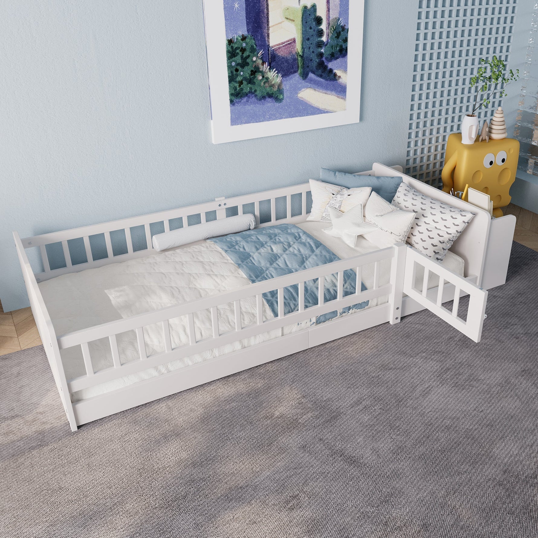Wooden Children's Bed 90x200cm Open Storage Shelves and Case White Pine Wood