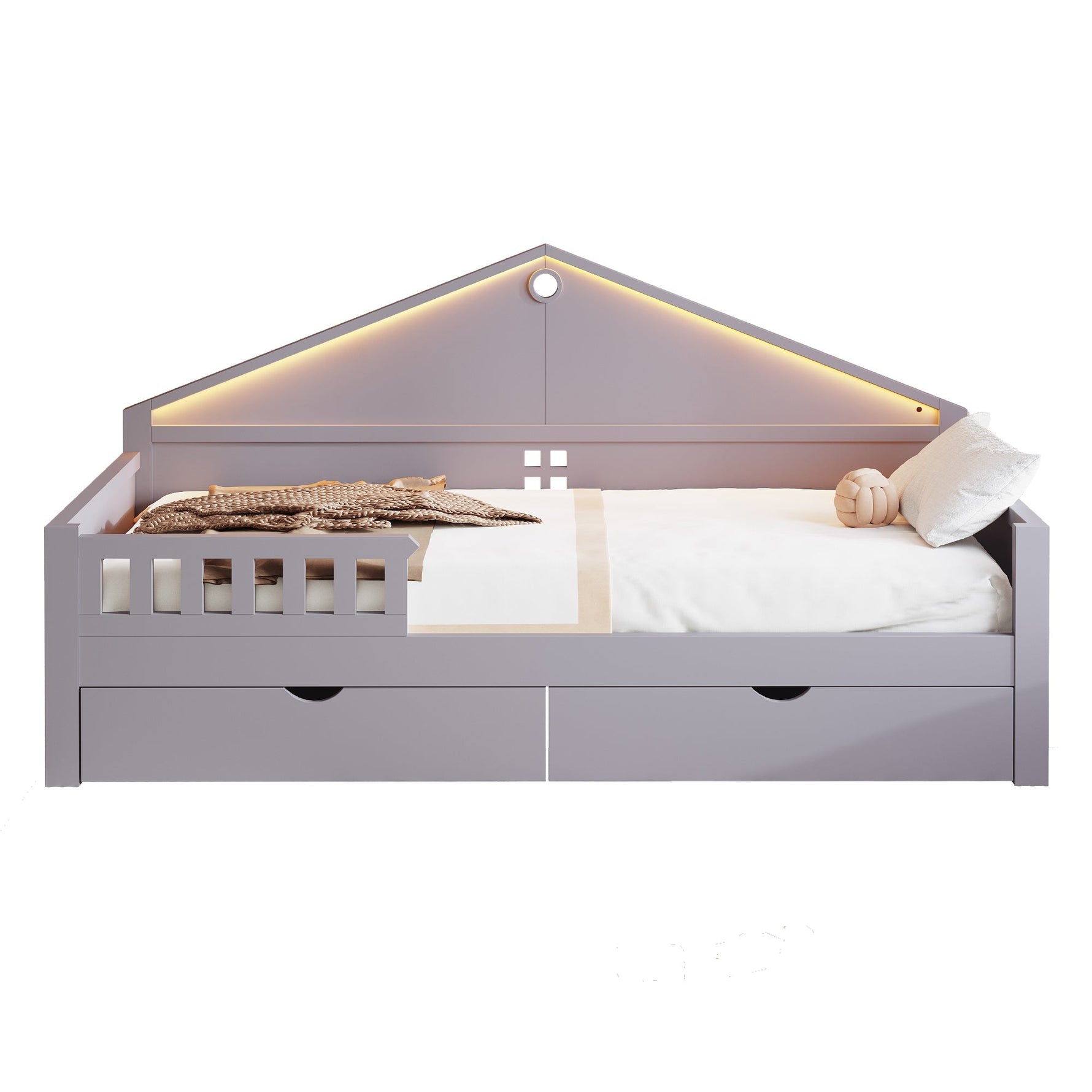 Children's Bed with LED Light Strip and Storage Drawers, 90x200 cm, Grey