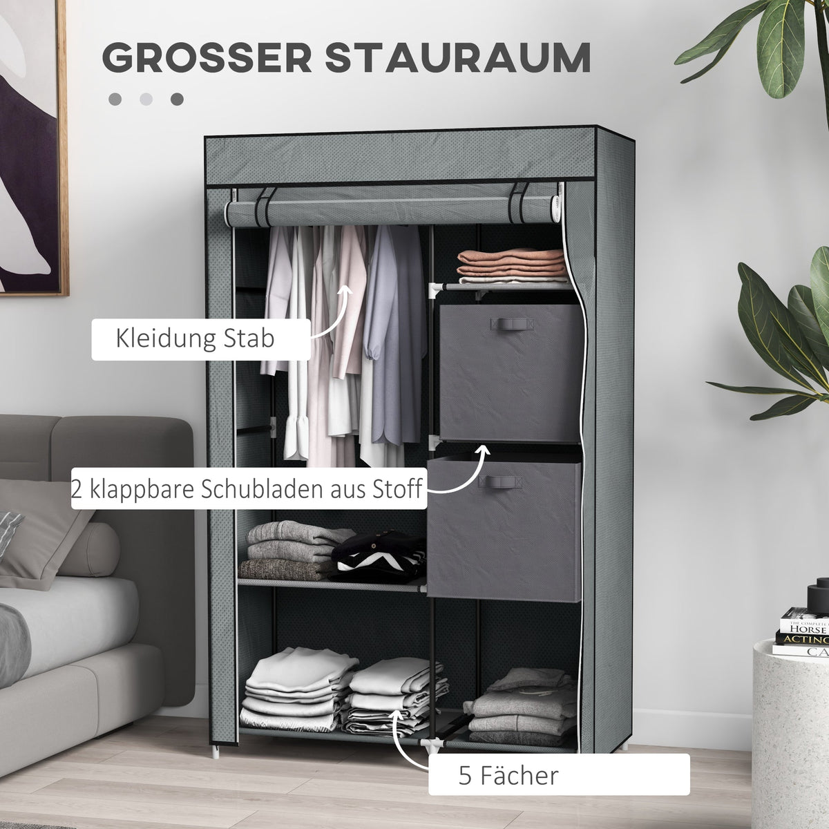 Fabric Wardrobe, Folding with Drawers & Clothes Rail, Dark Grey Non-Woven Fabric
