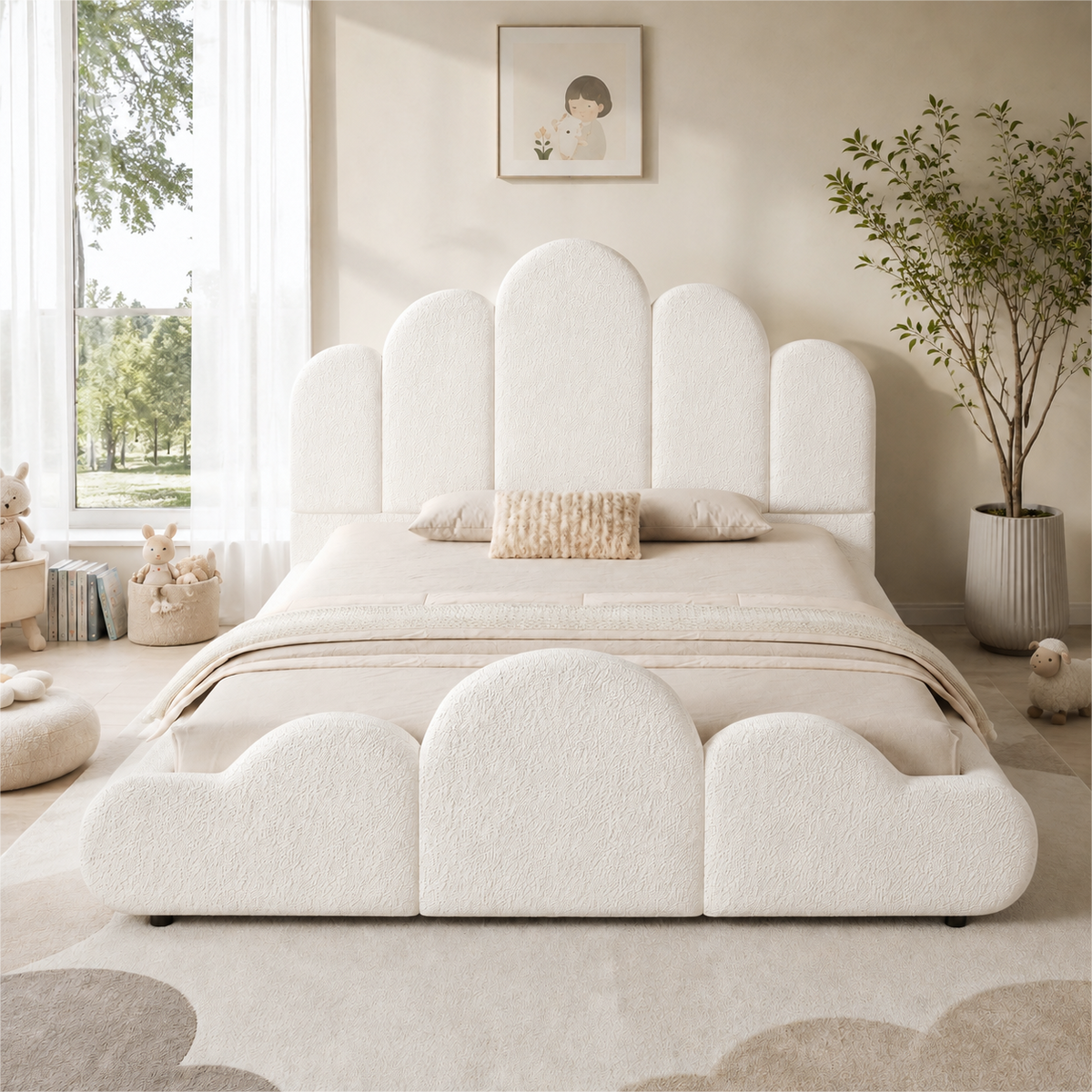 Upholstered Children's Bed 140x200cm with Headboard in Beige Bouclé