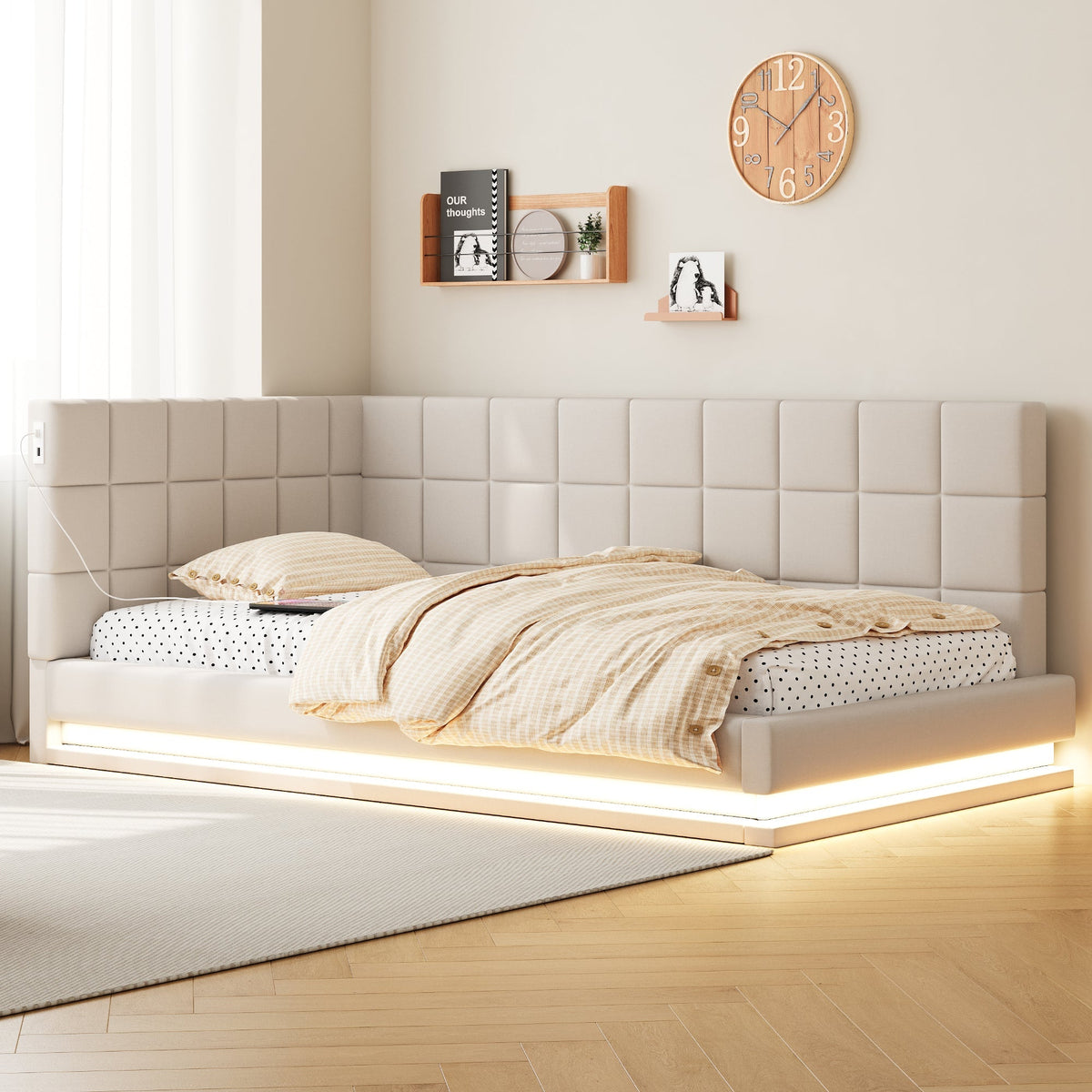 Upholstered Bed Sofa, 90x200 Multifunctional with LED & USB, Linen Fabric, Beige