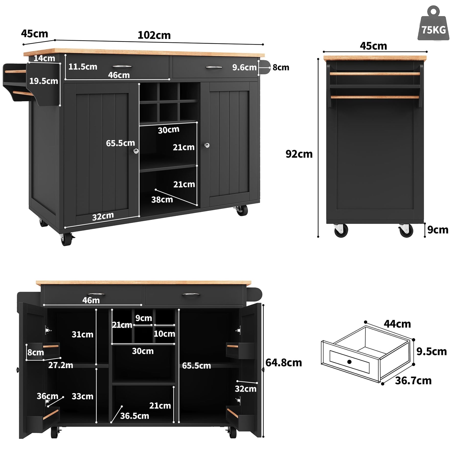 Modern Kitchen Island 102cm Dining Cart Storage - Black
