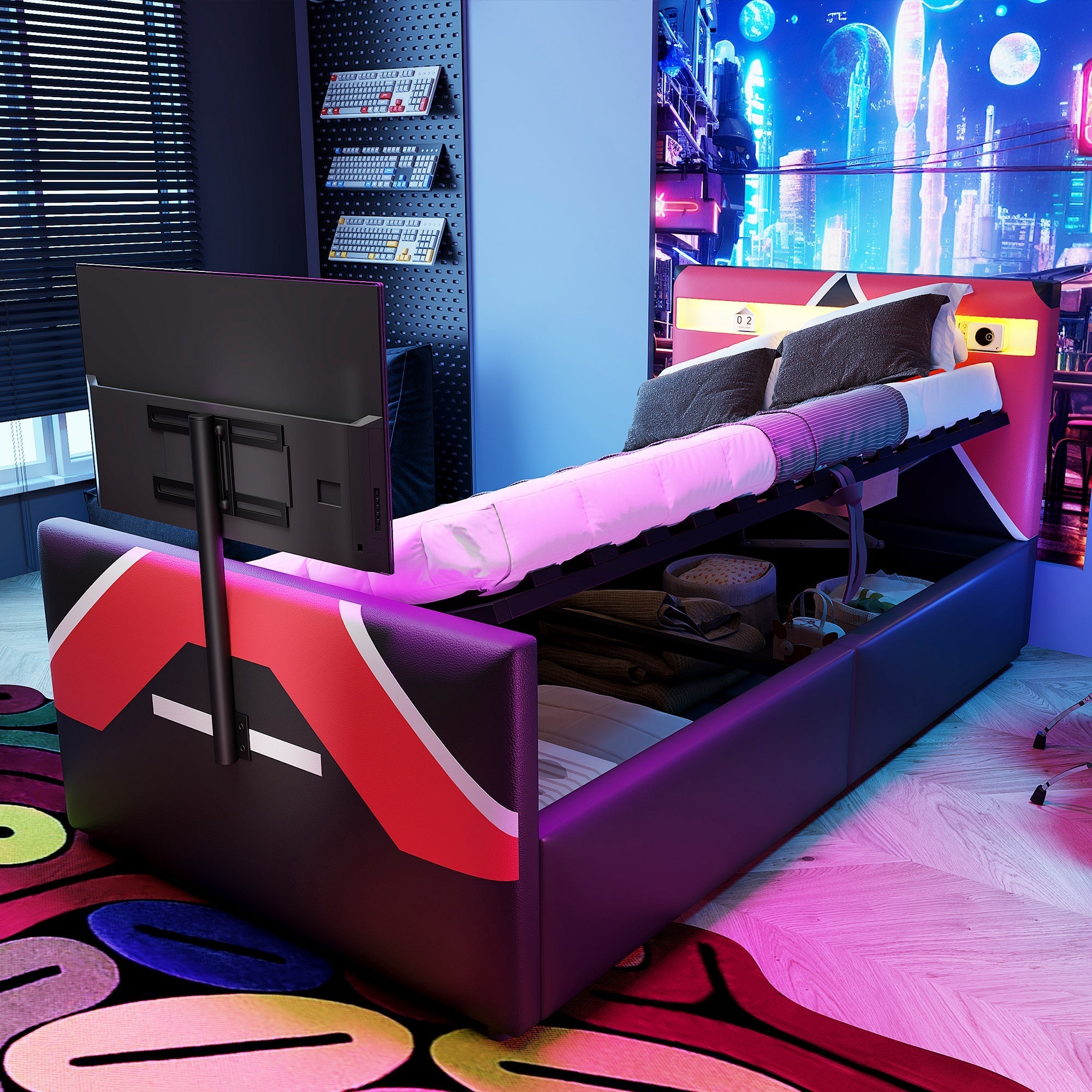 Children's Gaming Bed 90x200 with LED, Hydraulic Storage and TV Mount, PU Leather