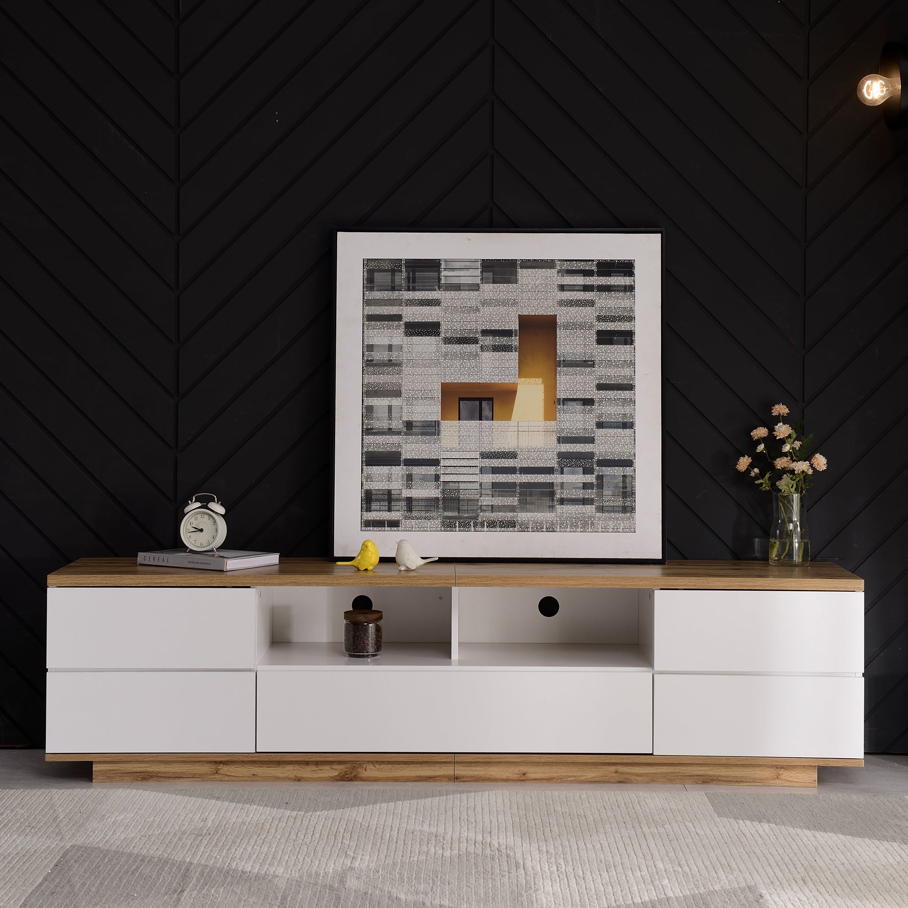 TV Cabinet Modern Color-Block 180cm Wood Grain Finish White