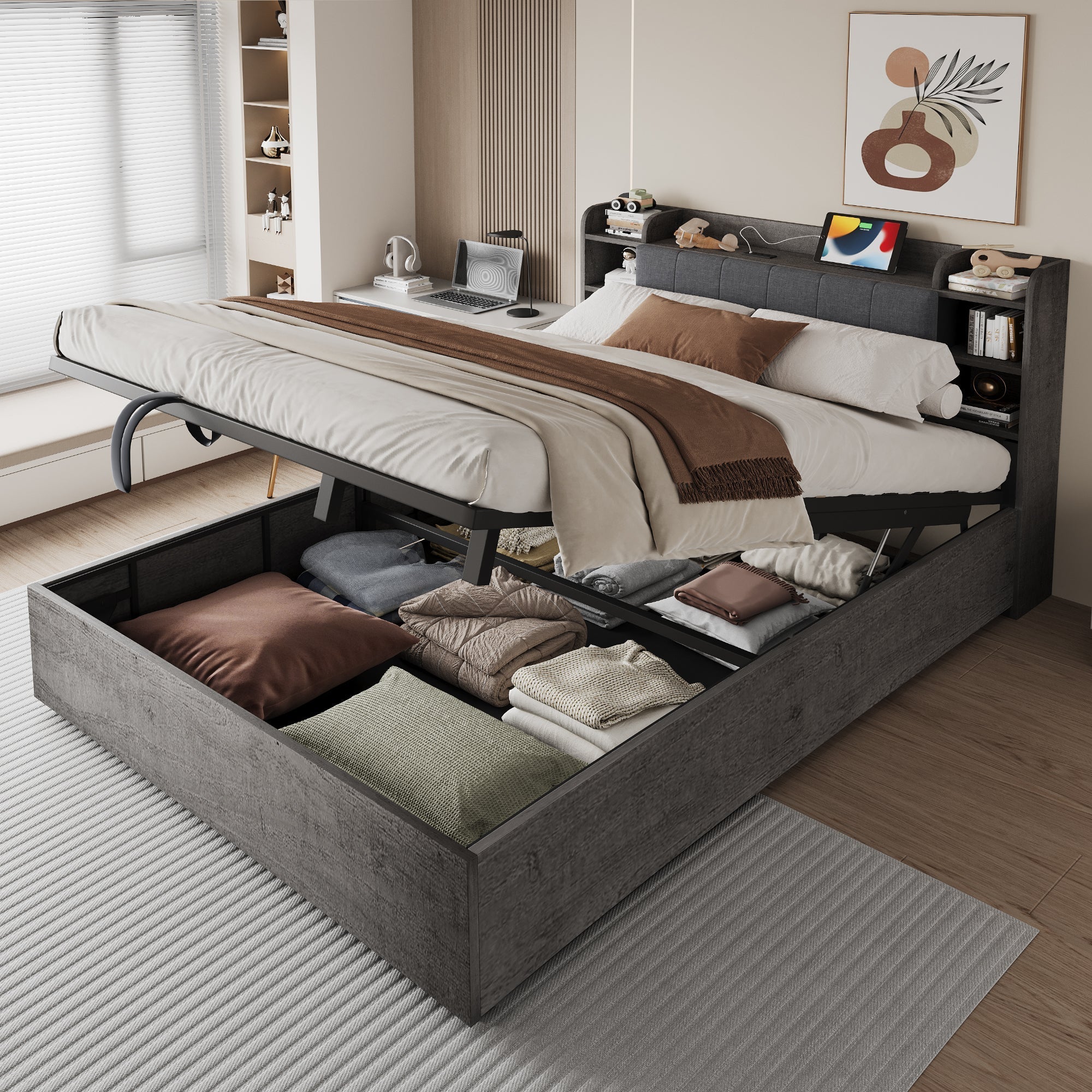 Hydraulic Bed with Storage Headboard and USB Charging, 180x200cm, Grey Wood
