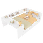 Wooden Flatbed Double Bed with Desk, Trundle and Shelves, White Pine and Chipboard