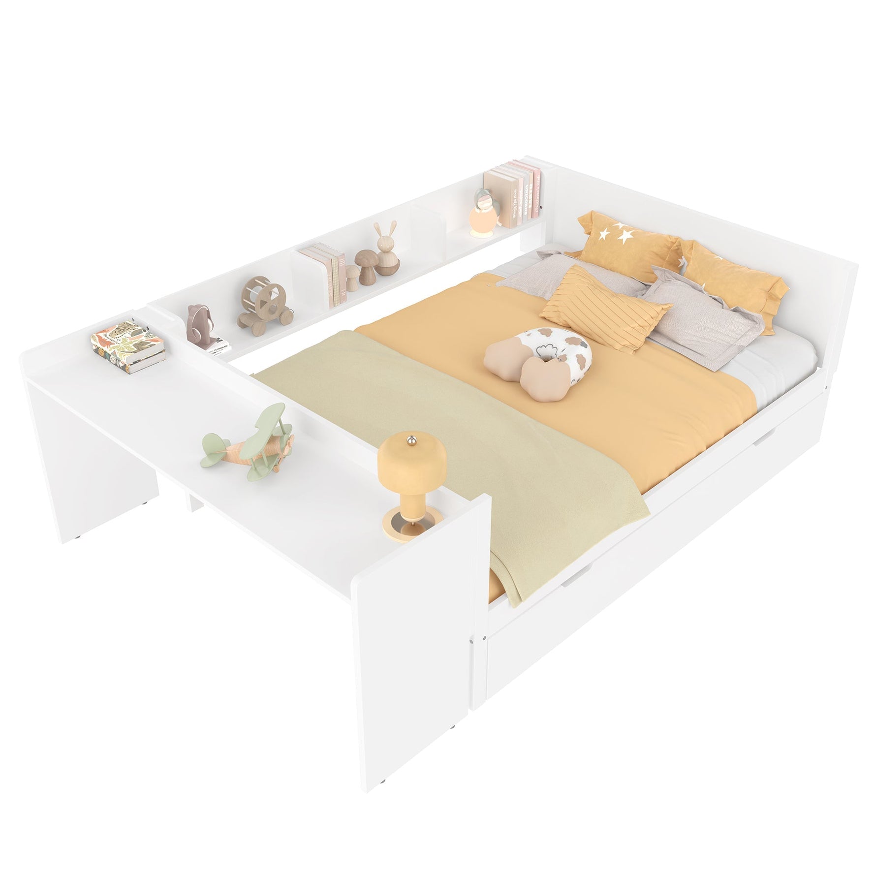 Wooden Flatbed Double Bed with Desk, Trundle and Shelves, White Pine and Chipboard