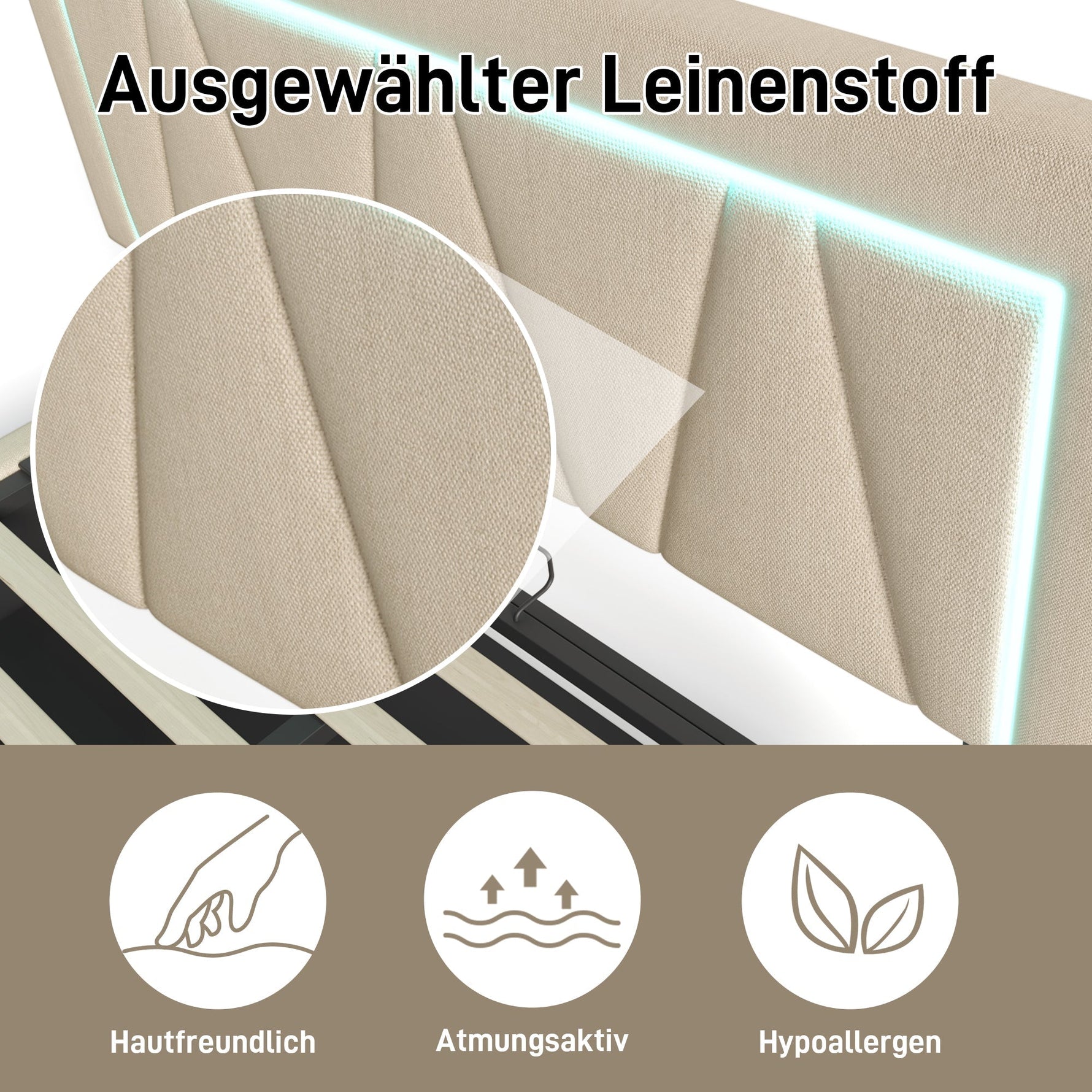 Upholstered Bed 160x200 LED USB-C Storage, Linen