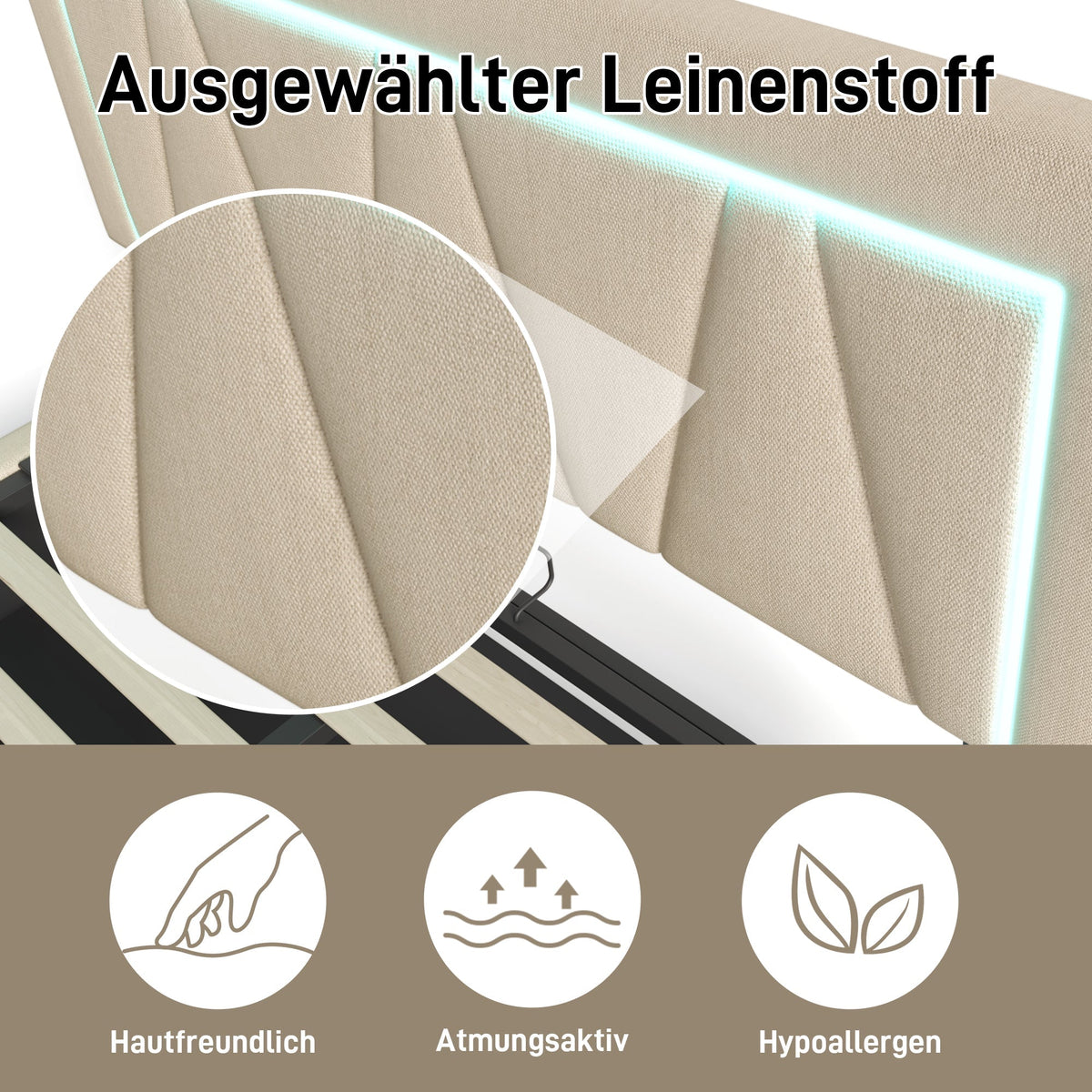 Upholstered Bed, LED Double with USB & Type C Charging, Linen