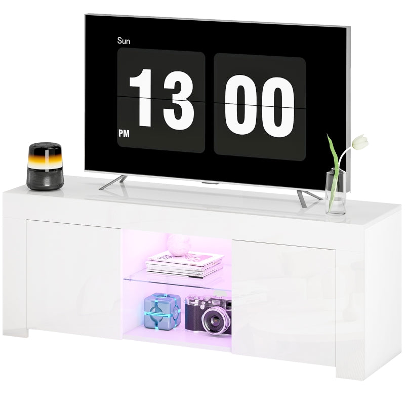 TV Cabinet, LED Lighting, 2 Doors, Glass Shelf, White Chipboard