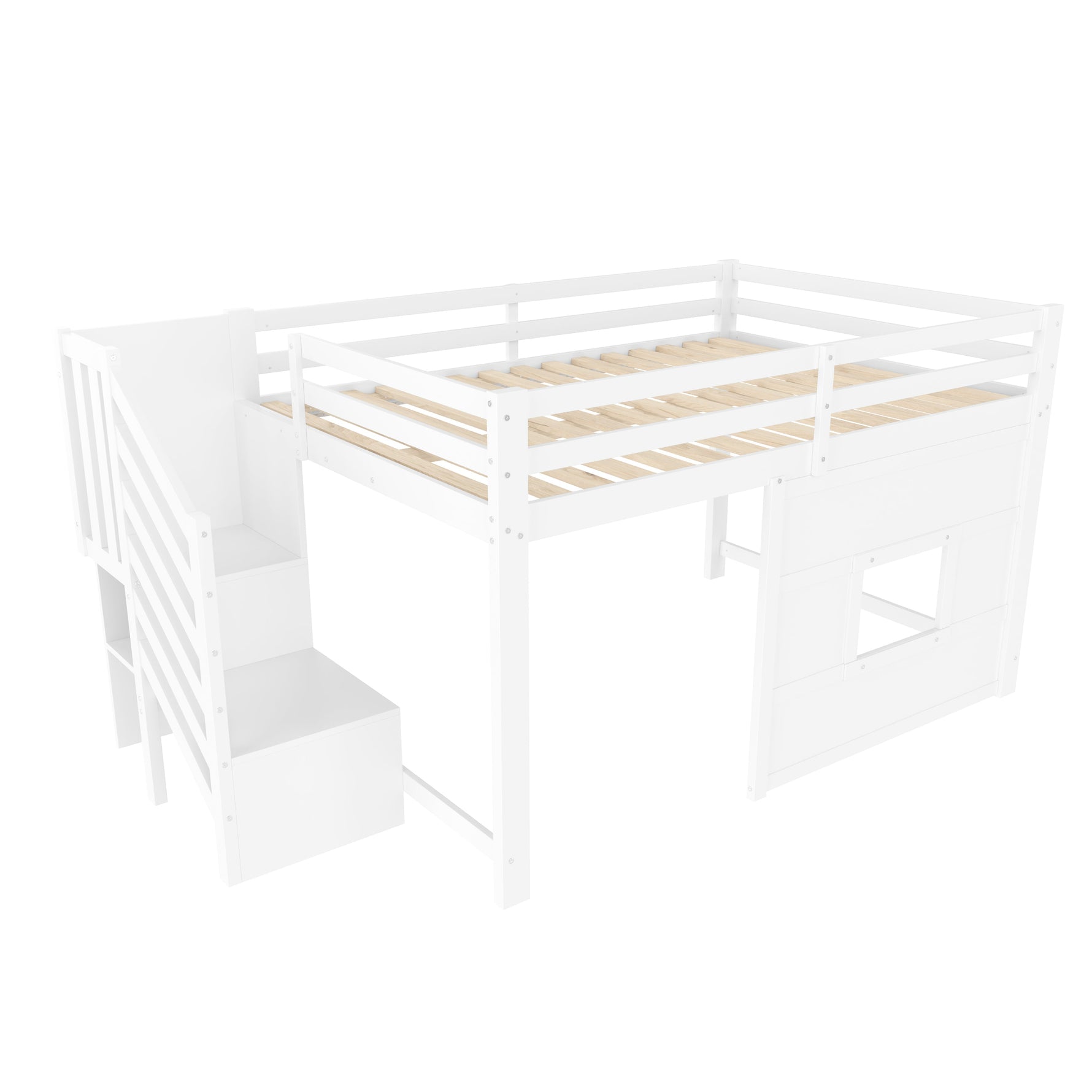 Loft Bed 140x200 with Storage Stairs and Window, White