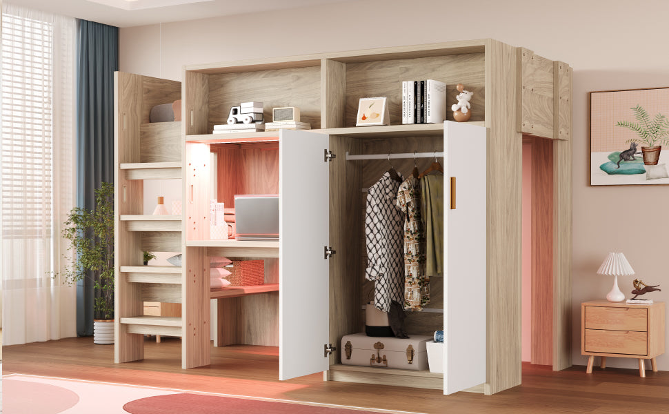 Multifunctional Loft Bed 90x200 with Desk, Wardrobe & Storage, Wood