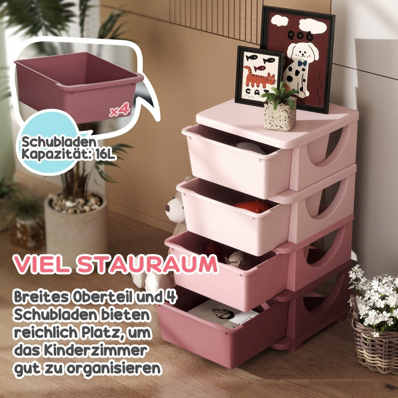 Children's Storage Boxes 4 Drawers Rounded Edges Pink