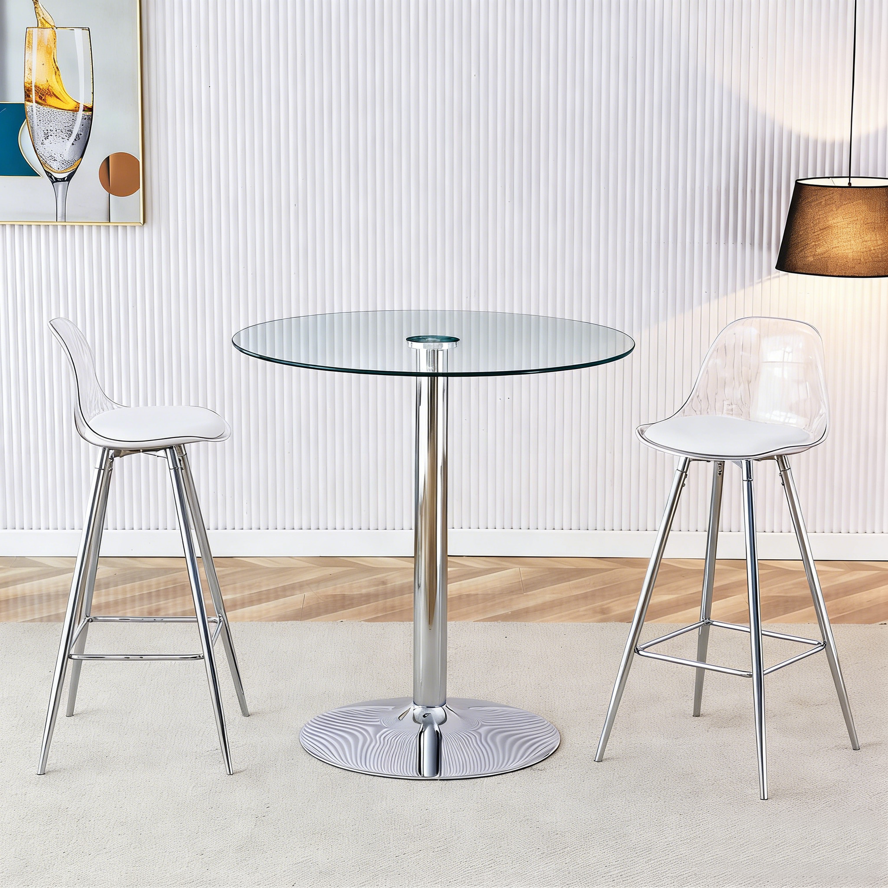 Flexible Bar Set Round Glass Table 89cm 2 Stools - Glass/Silver Legs
