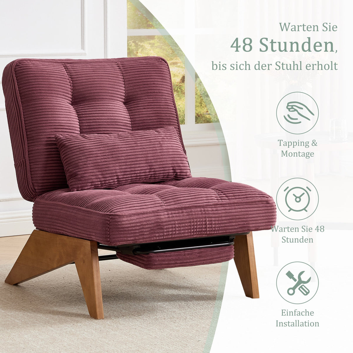 Modern Adjustable Backless Lounge Chair with Footrest, Lumbar Cushion, Wooden Legs - Fabric