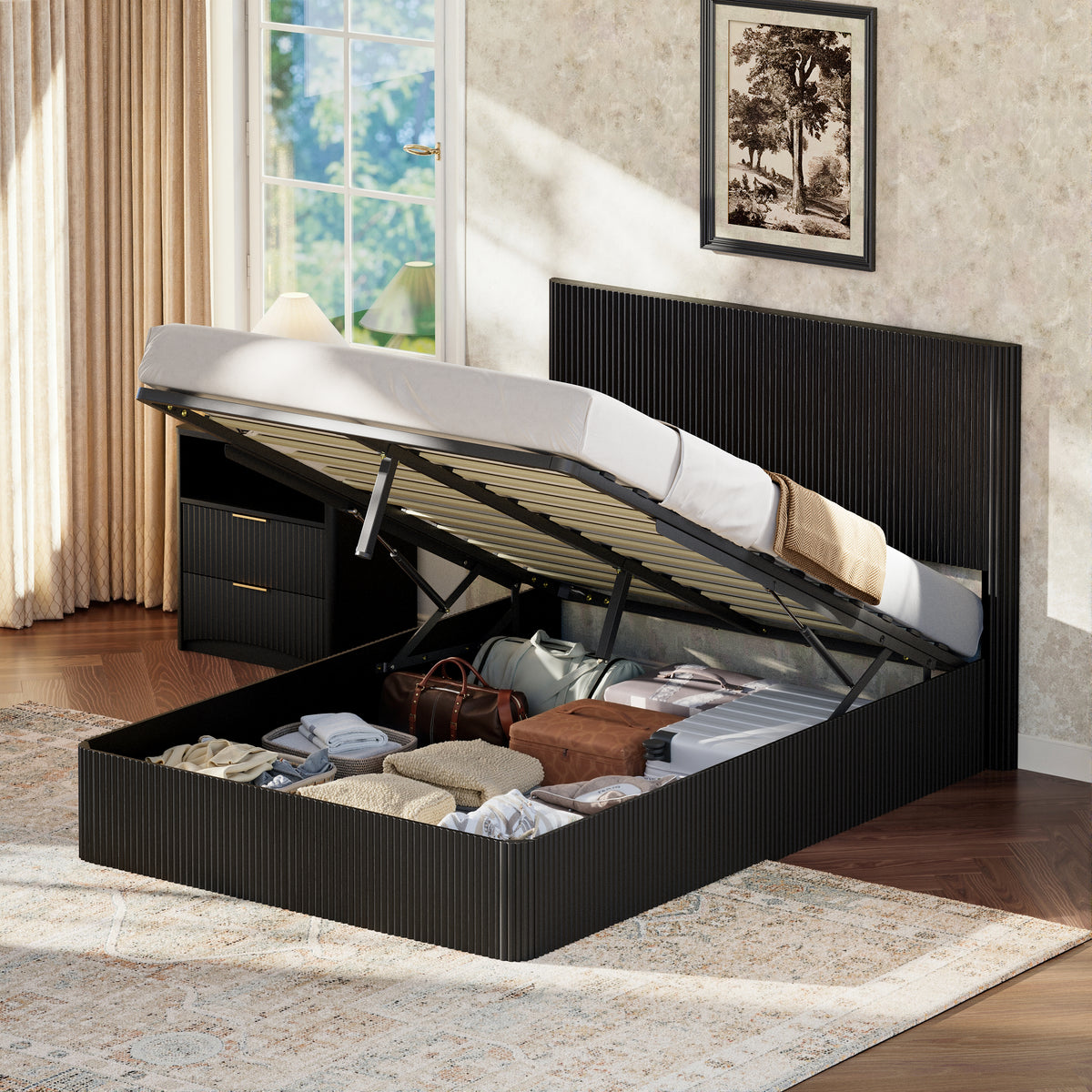 Modern Bed with Hydraulic Lift & Storage, 140x200 cm - Black