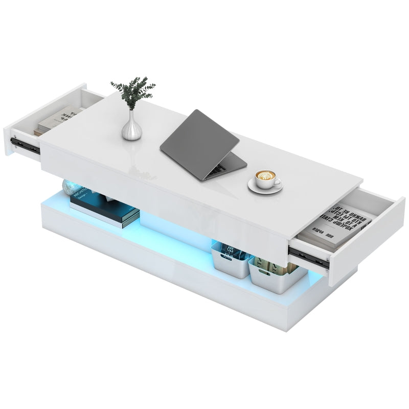 Living Room Table, Drawers, LED Lights, Open Shelf, White Chipboard