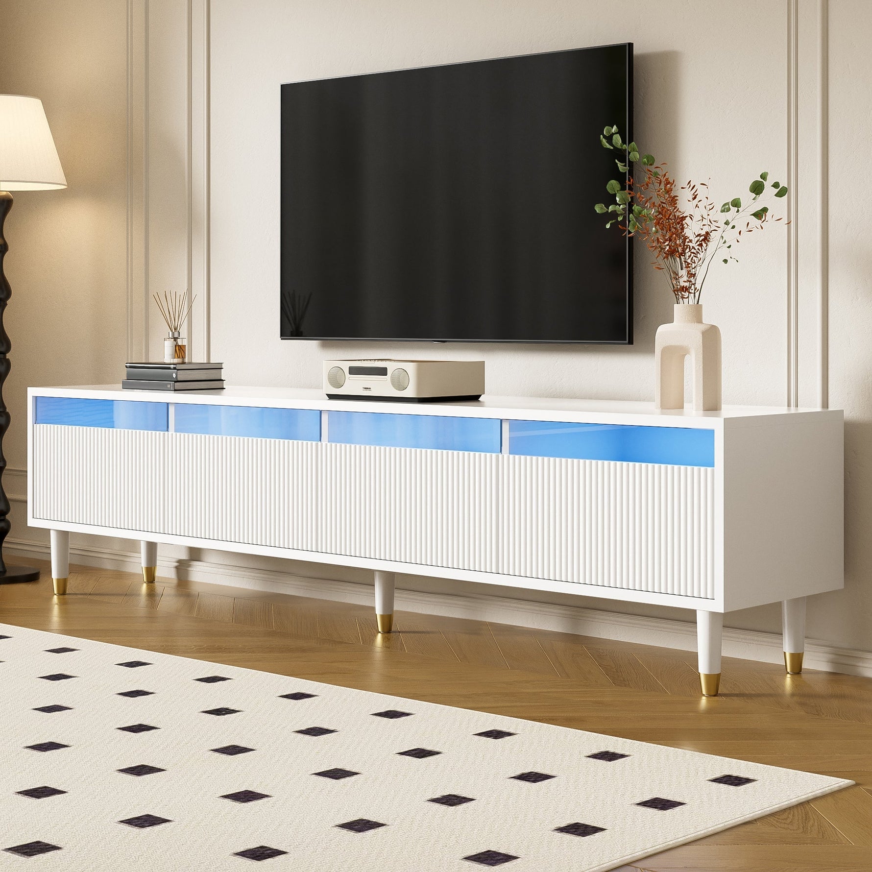 TV Cabinet 178cm, Minimalist Design, 4 Drawers, White MDF & Acrylic