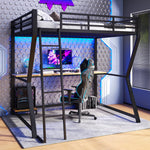Loft Bed 140x200cm Desk Console Shelf LED USB/Power Stairs - Black