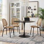 Modern Round Dining Table, Patchwork Black Wood Grain Top, Metal Base