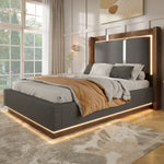 Youth Upholstered Bed 90x200 with LED & Storage, Grey Linen & Walnut