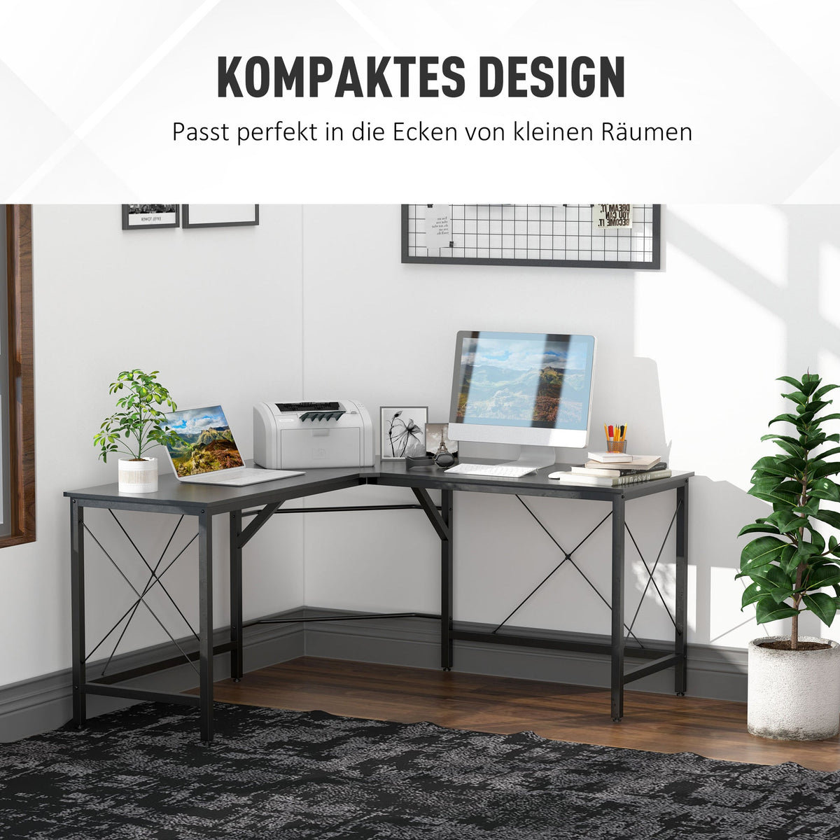 L-shaped Corner Computer Desk, 150x150x76cm Modern Office/Home Desk, Black MDF