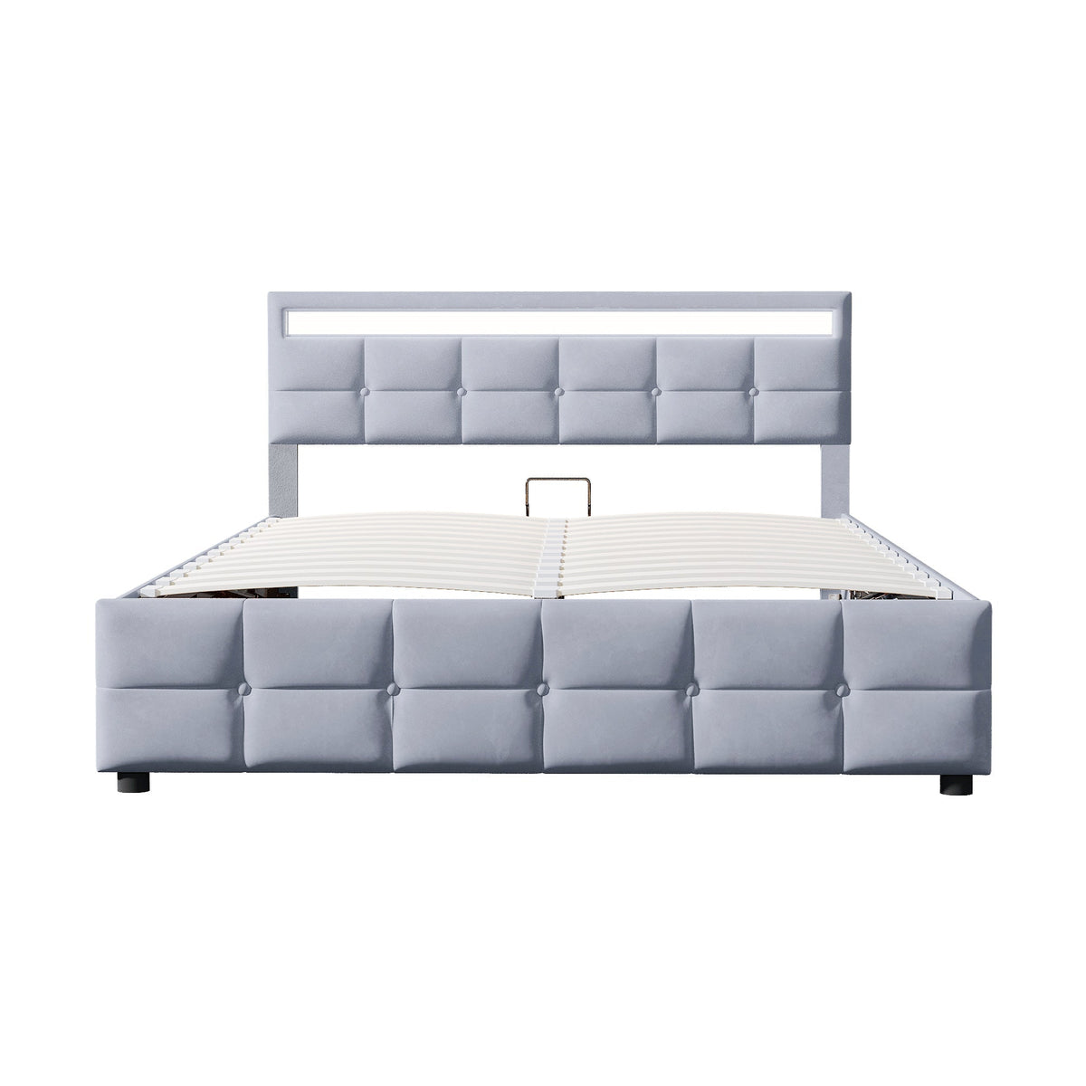 Upholstered Bed with LED Lights, Slatted Frame, Hydraulic, Dutch Velvet Fabric, Grey