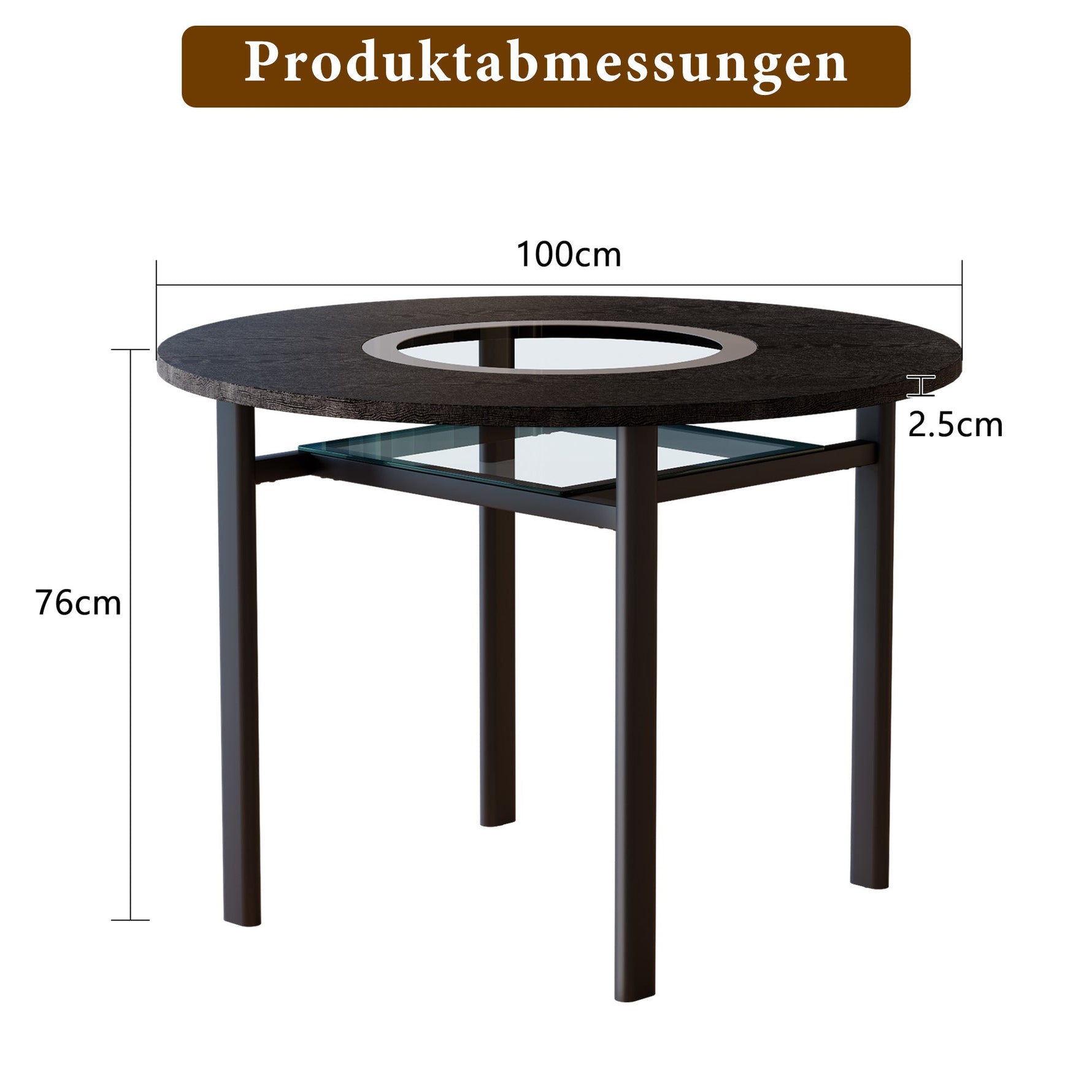 Round Dining Table 100cm Minimalist Black Wood Grain Grey Glass Insert Metal Frame