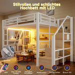 Loft Bed 140x200cm with LED & Storage, White Iron Frame