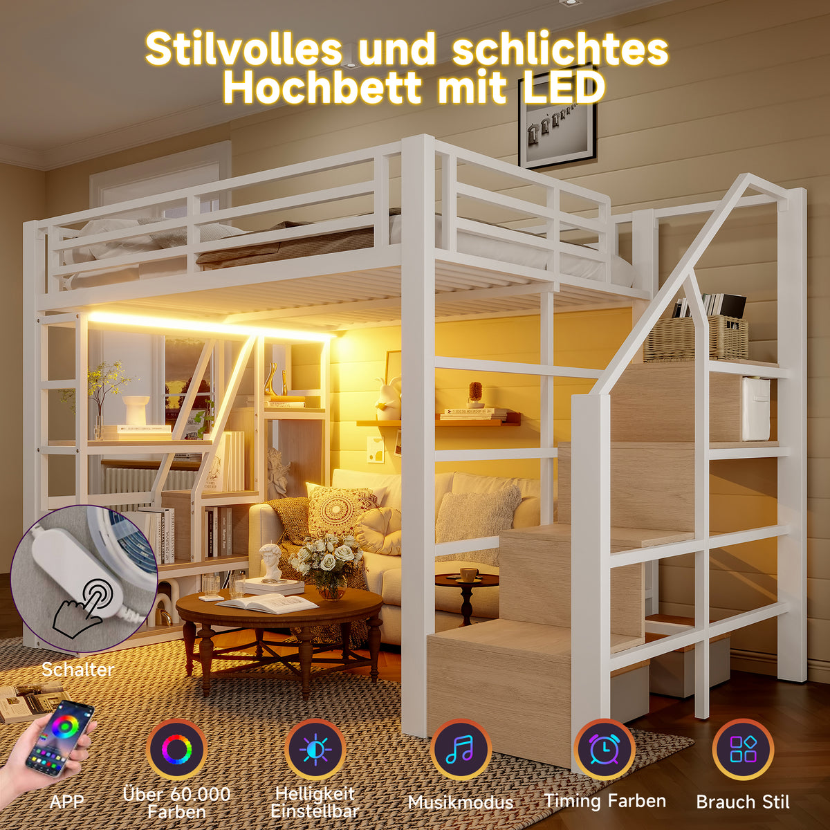 Loft Bed 140x200cm with LED & Storage, White Iron Frame
