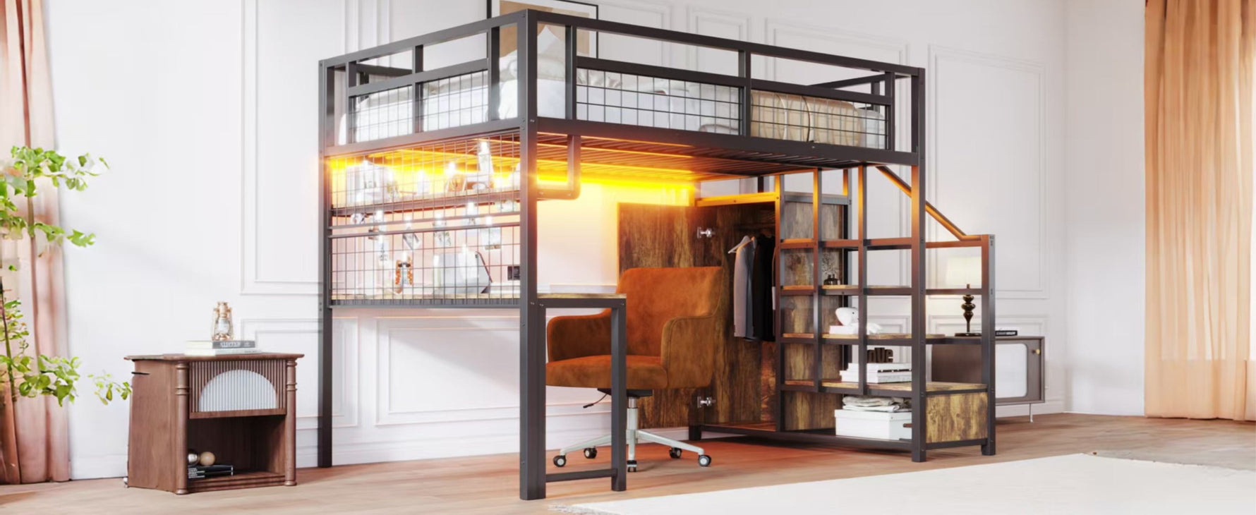 Metal Loft Bed with Storage Ladder, Wardrobe, Table, Shelf and LED, 140x200cm, Black Metal