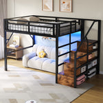 Loft Bed 140x200cm LED Storage Staircase - Black Iron Frame