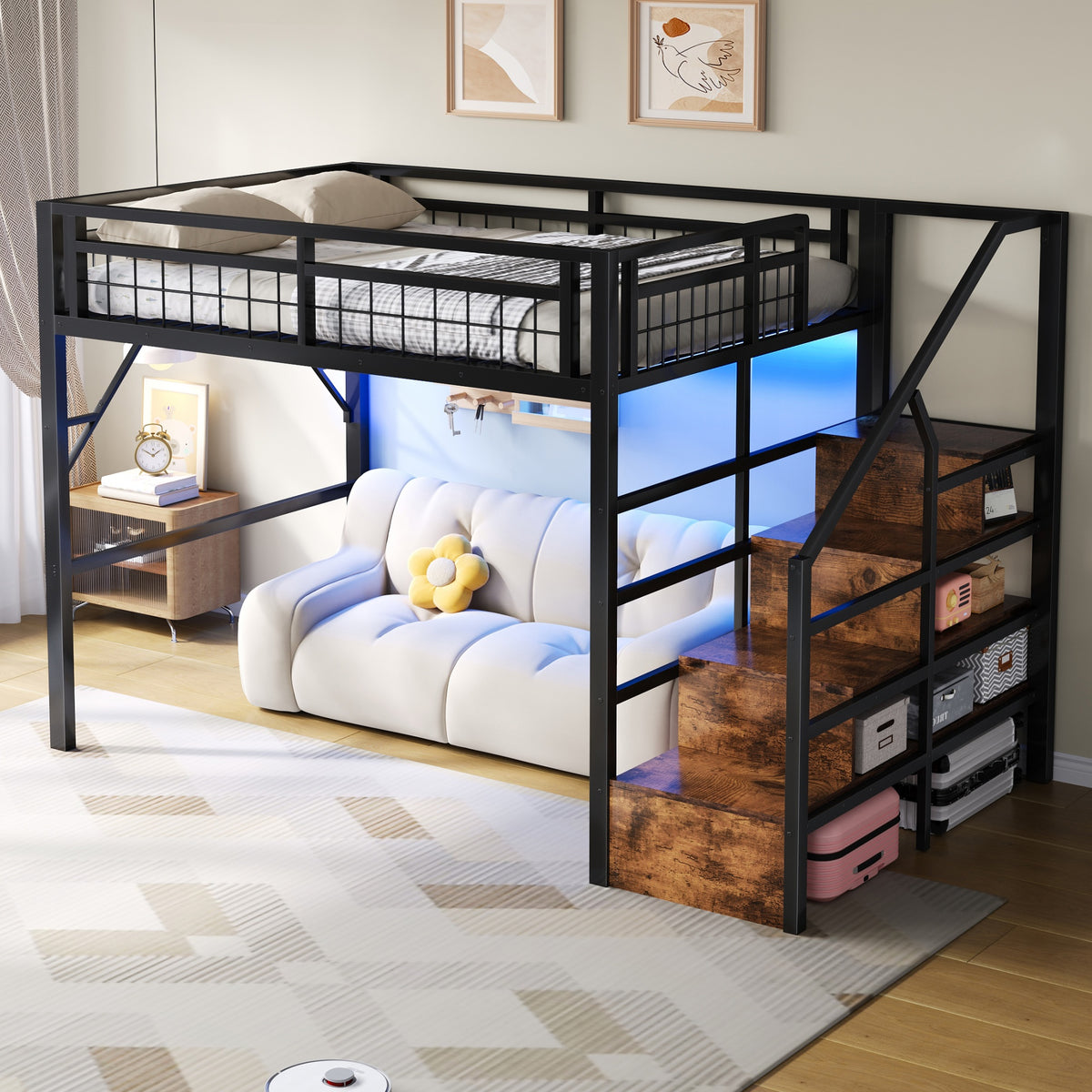 Loft Bed 140x200cm LED Storage Staircase - Black Iron Frame