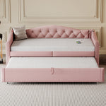Upholstered Bed Pull-out Sofa Bed with USB Port, Pink Linen Fabric