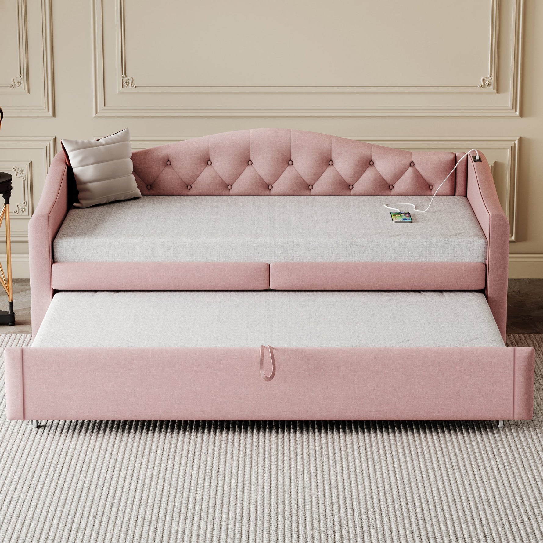 Upholstered Bed Pull-out Sofa Bed with USB Port, Pink Linen Fabric