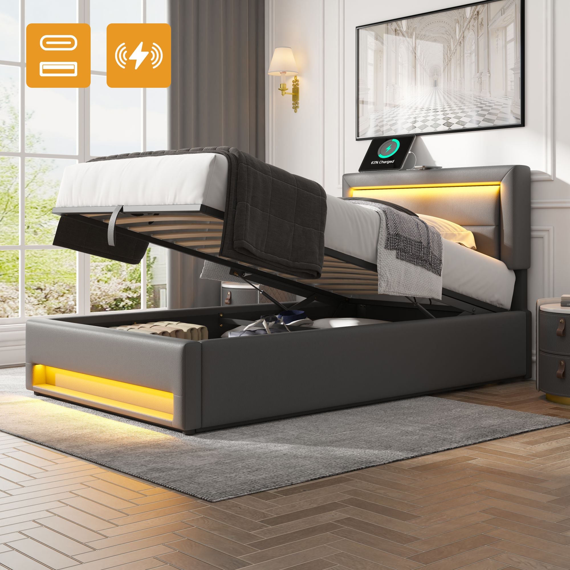 Upholstered Bed 90x190cm USB Charging LED Lighting Storage PU Lychee Grey