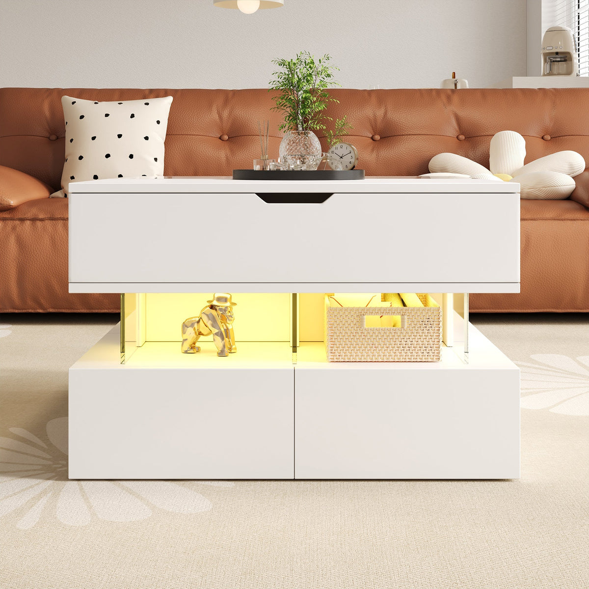 Coffee Table, Height-Adjustable with 16-Color Lighting, Glass & Acrylic
