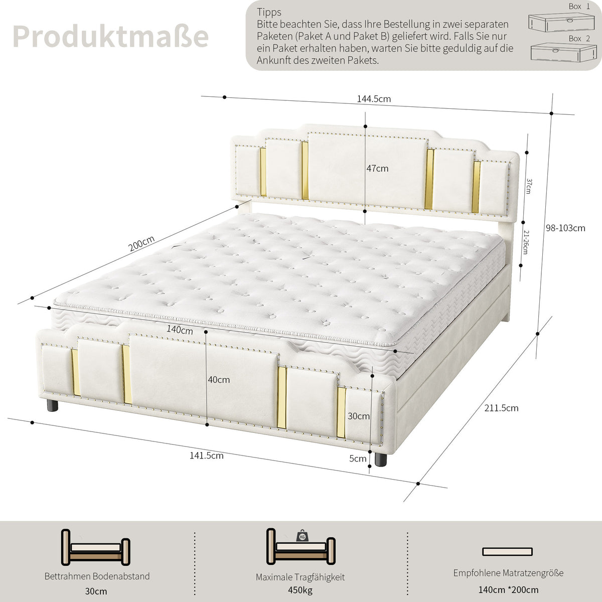 Double Bed 160x200cm with USB, LED & 4 Drawers, Dark Gray Linen