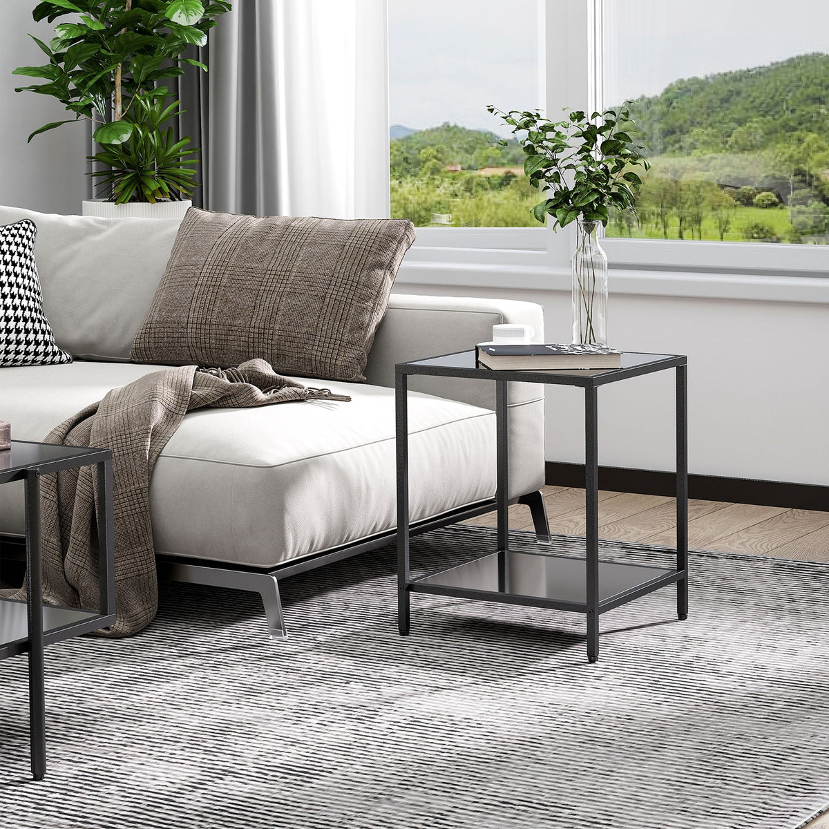 Side Table, 2-Tier Coffee Table, 40 x 40 x 50 cm, Tempered Glass Steel, Black