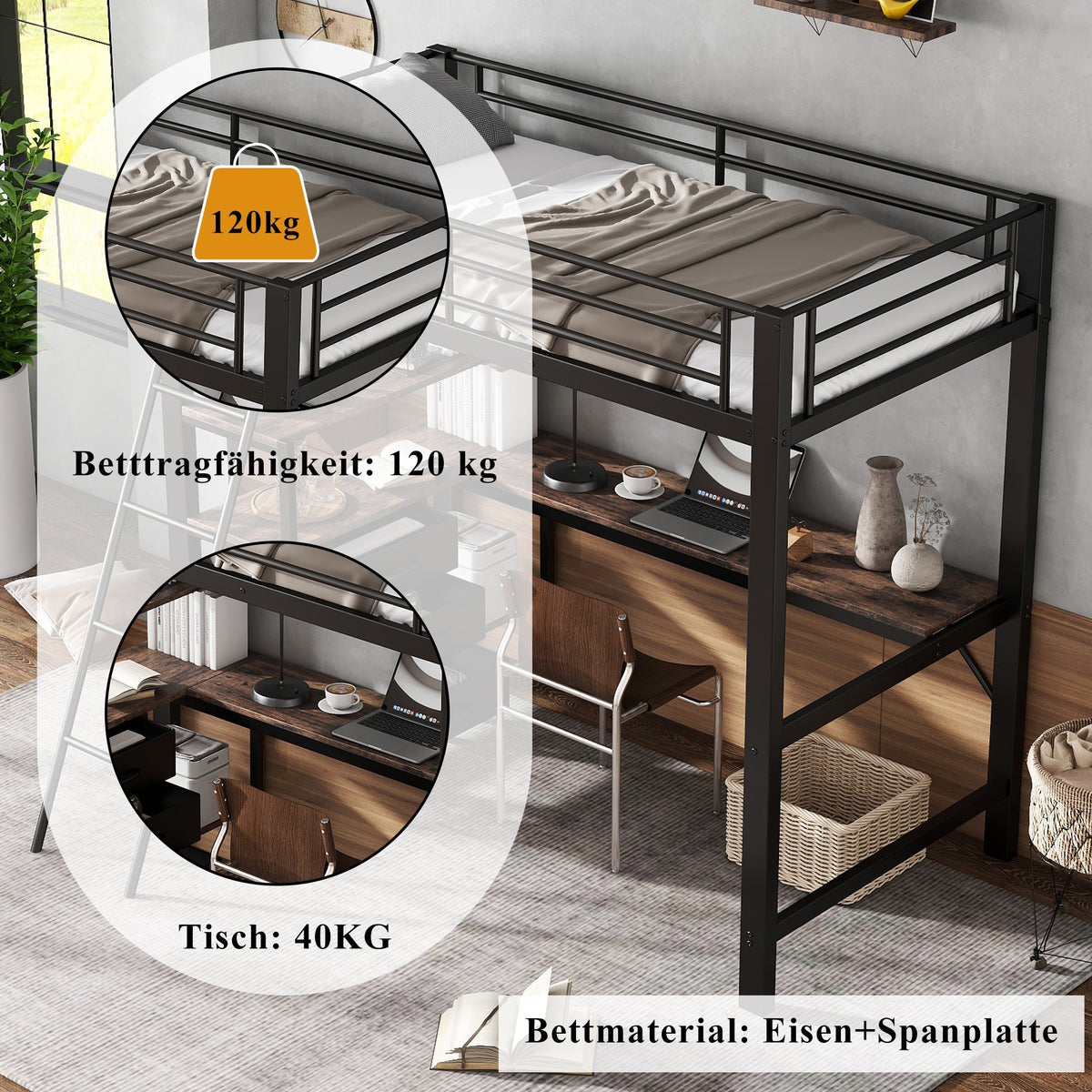 Iron Bunk Bed with Table, 3 Drawers, Ladder, 90x200cm, Black/Dark Walnut