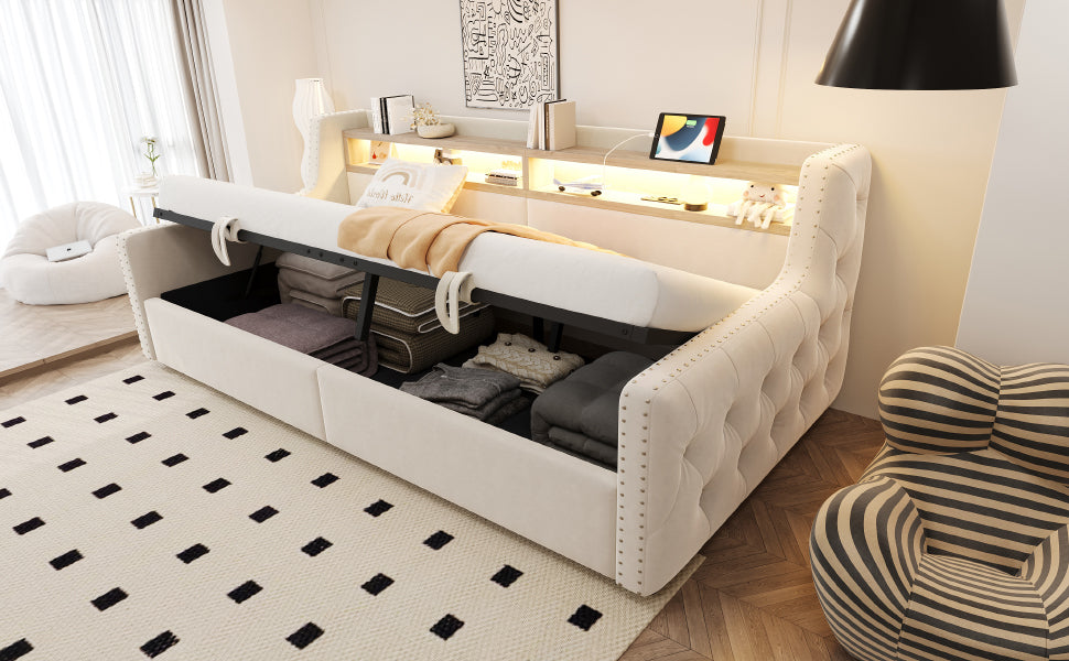 Upholstered Sofa Bed with Hydraulic Storage, LED Lighting and Charging Station, 90x200cm, Beige Velvet