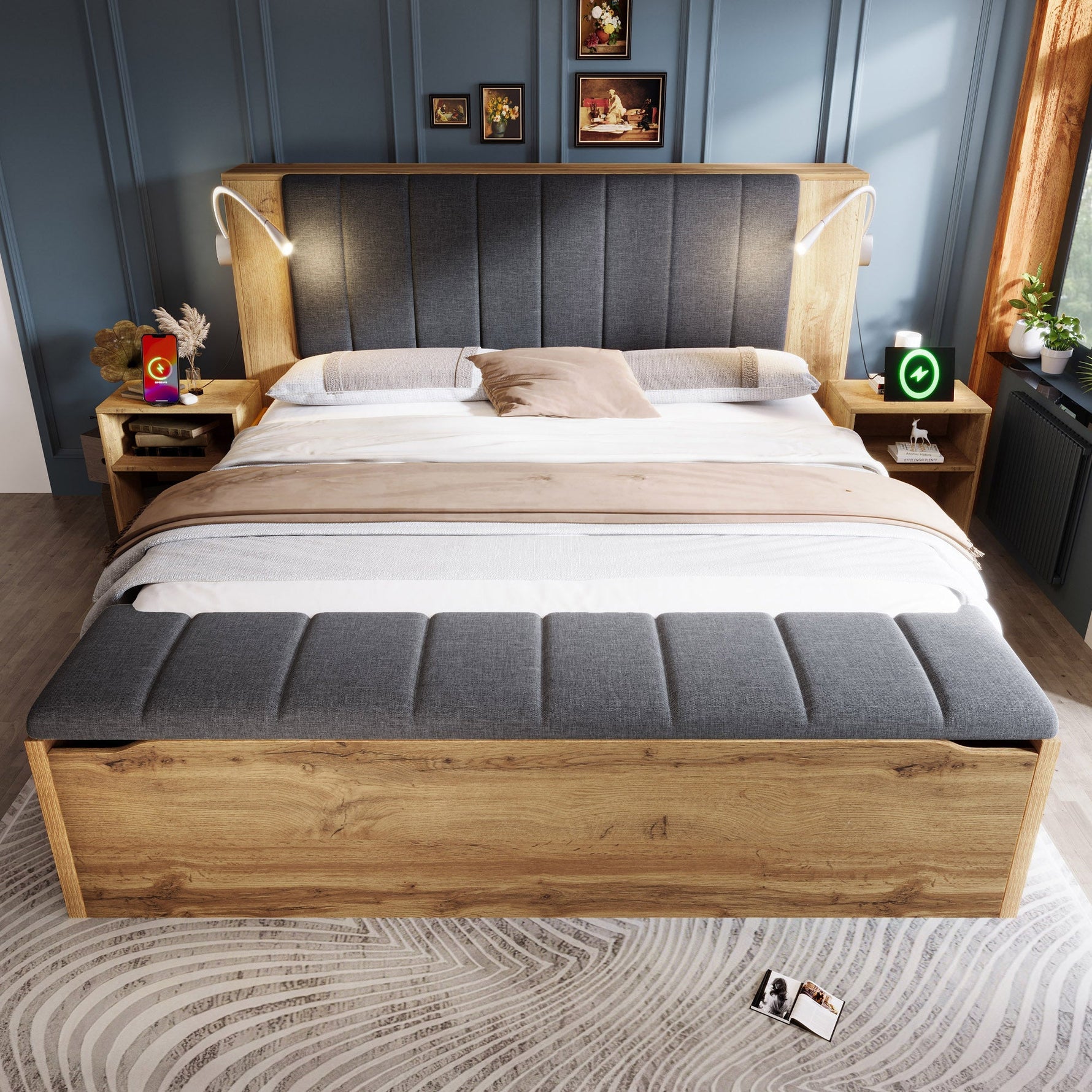 Double Bed 160x200cm Wooden Storage Fold-Down Linen Headboard USB & Bench - Oak