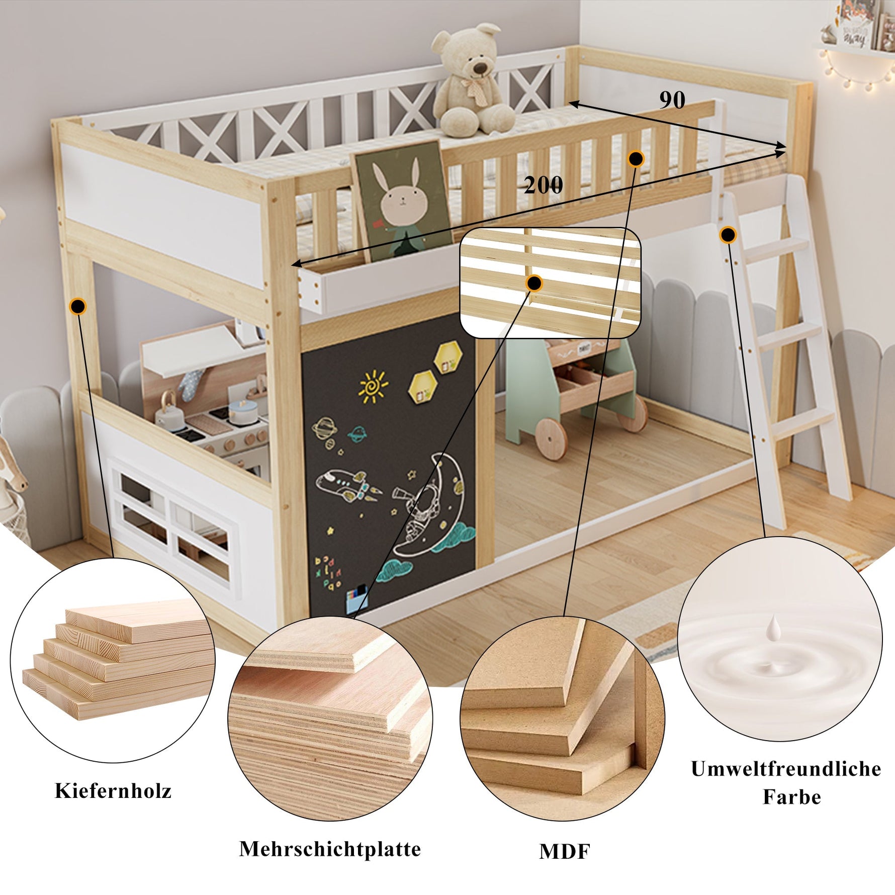 Bunk Bed Chalkboard Storage Safety Railing Pine + MDF White/Natural 90x200cm