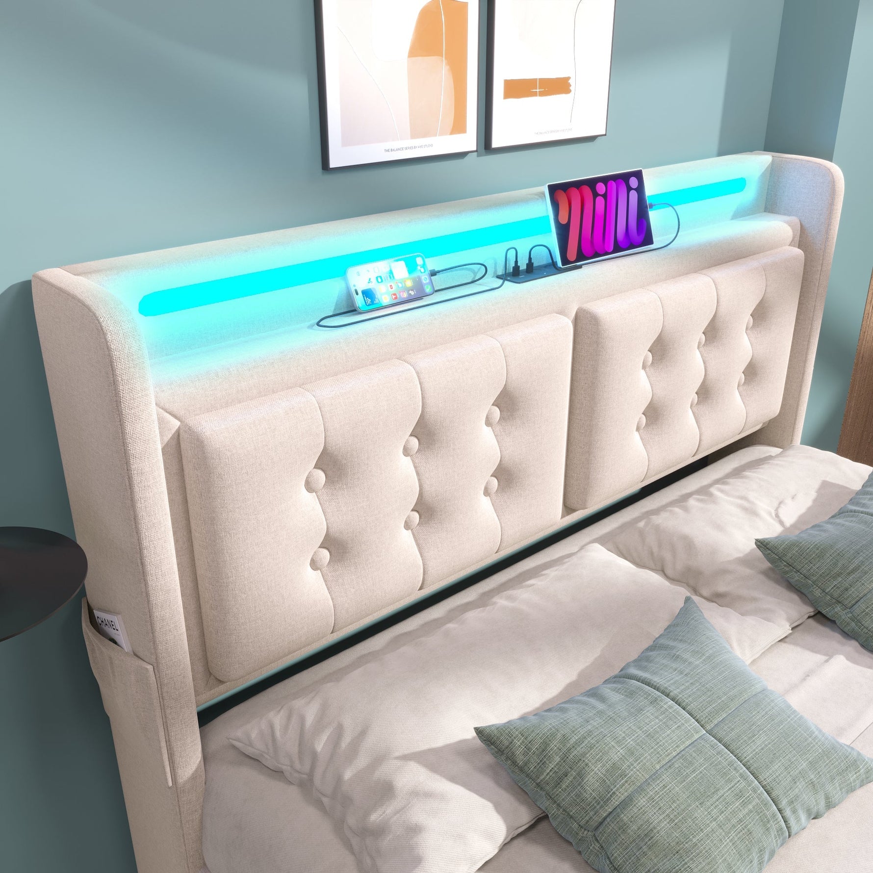 Upholstered Bed 140x200, LED Headboard with USB-C, 4-Drawer Storage, Beige Cotton